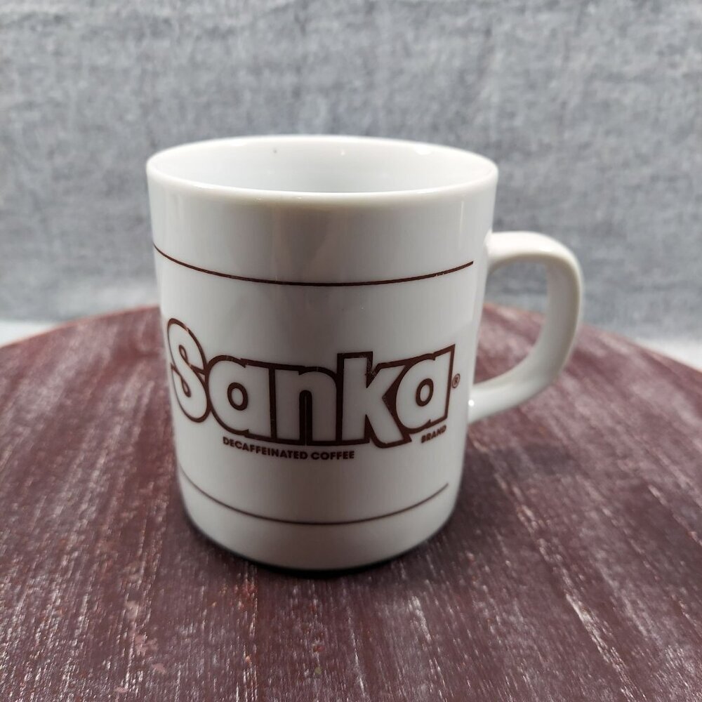 Sanka White Ceramic Coffee Mug With Logo & Decaffeinated Coffee Text Vintage